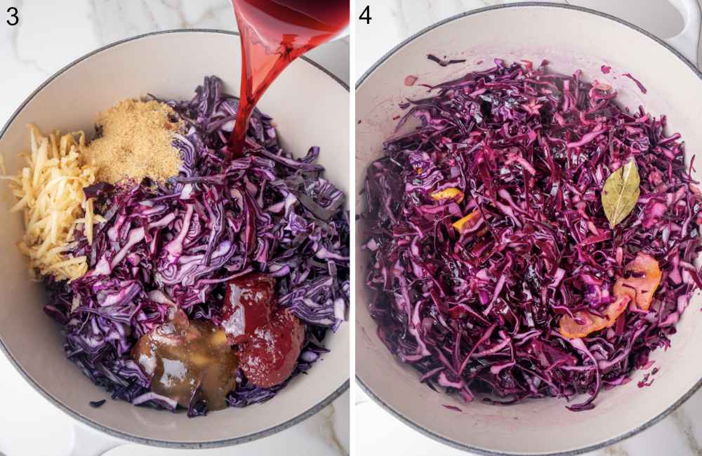 Black currant juice is being added to the cabbage in a pot. Red cabbage is being cooked in a pot.