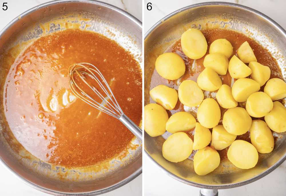 Caramel butter sauce in a pan. Potatoes in caramel sauce in a pan.