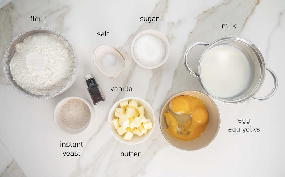 Labeled ingredients for a yeast dough.
