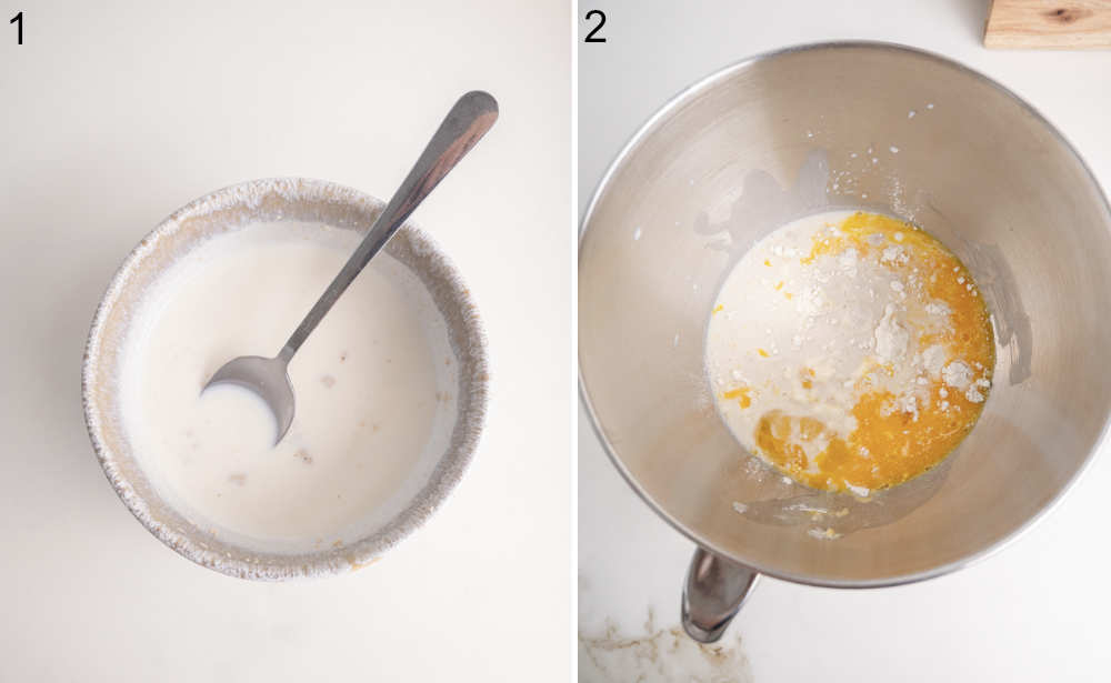 Yeast and milk in a bowl. Ingredients for a yeast dough in a bowl.