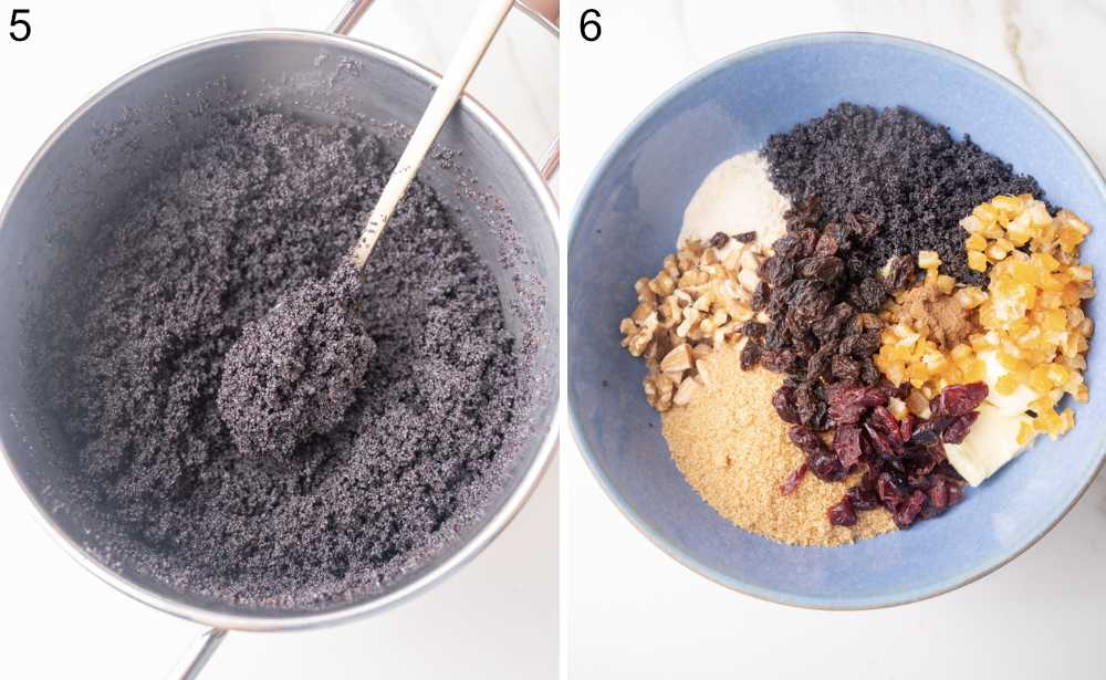 Cooked poppy seeds in a pot. All the ingredients for the poppy seed filling in a pot.