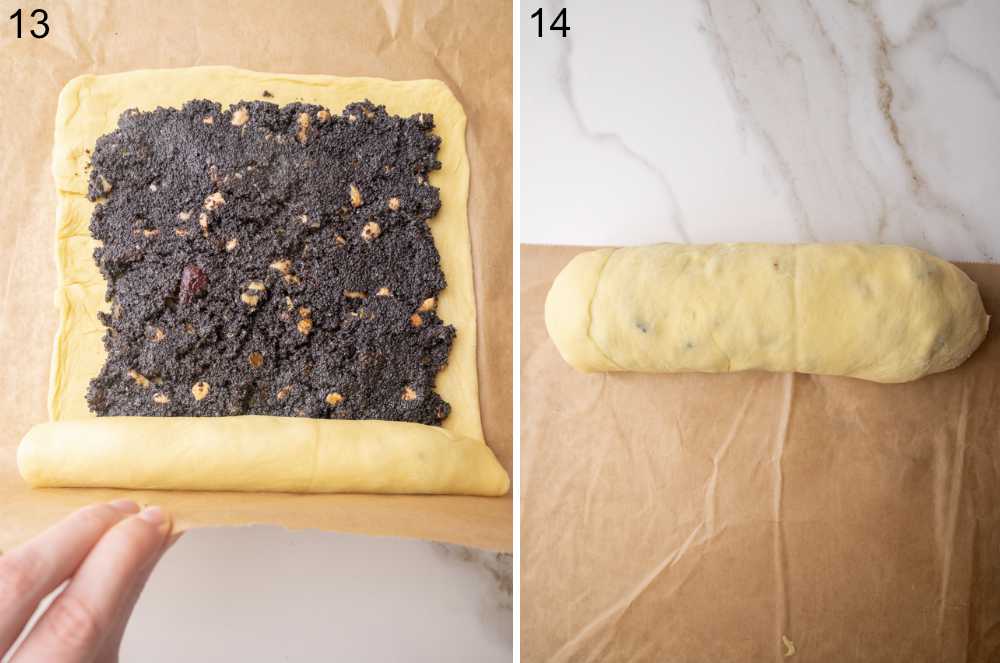 Yeast dough with poppy seed filling is being rolled into a log. A dough log ready to be baked.