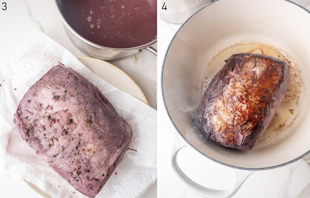 Marinated meat strained from the marinade. Rump roast is being browned in a pot.